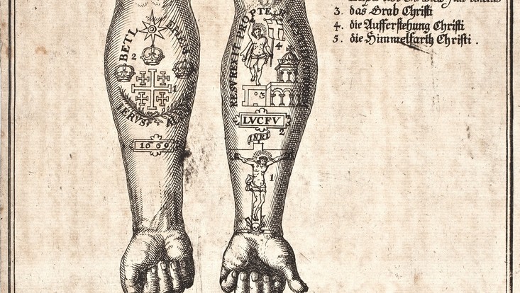 Tattooed arms of Ratger Stubbe and table for the showbread